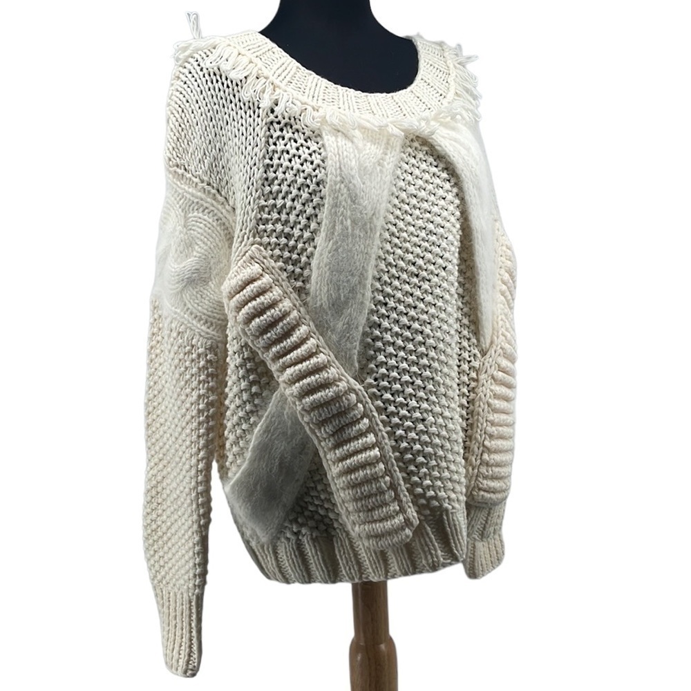 Nine West cream wool blend chunky knit sweater boho fringe sweater sz lg